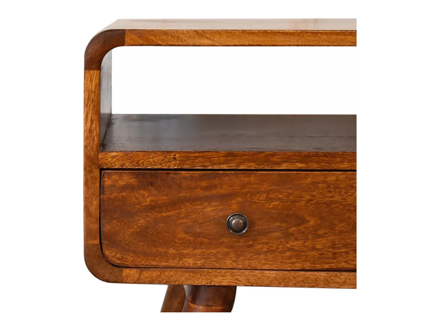 Móvel de TV Mini curvo em castanheiro Artisan Furniture, 2 gavetas, 1 prateleira aberta,^ Móvel De Tv