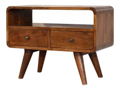 Móvel de TV Mini curvo em castanheiro Artisan Furniture, 2 gavetas, 1 prateleira aberta,^ Móvel De Tv