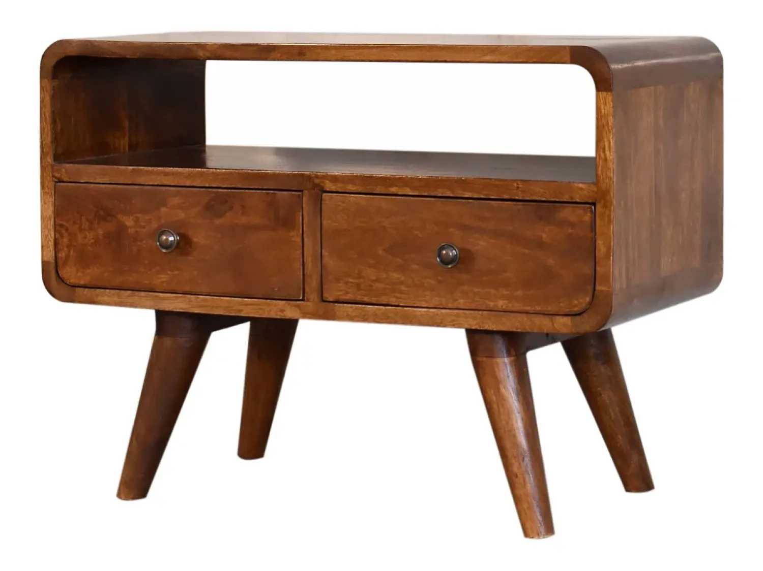 Móvel de TV Mini curvo em castanheiro Artisan Furniture, 2 gavetas, 1 prateleira aberta,^ Móvel De Tv