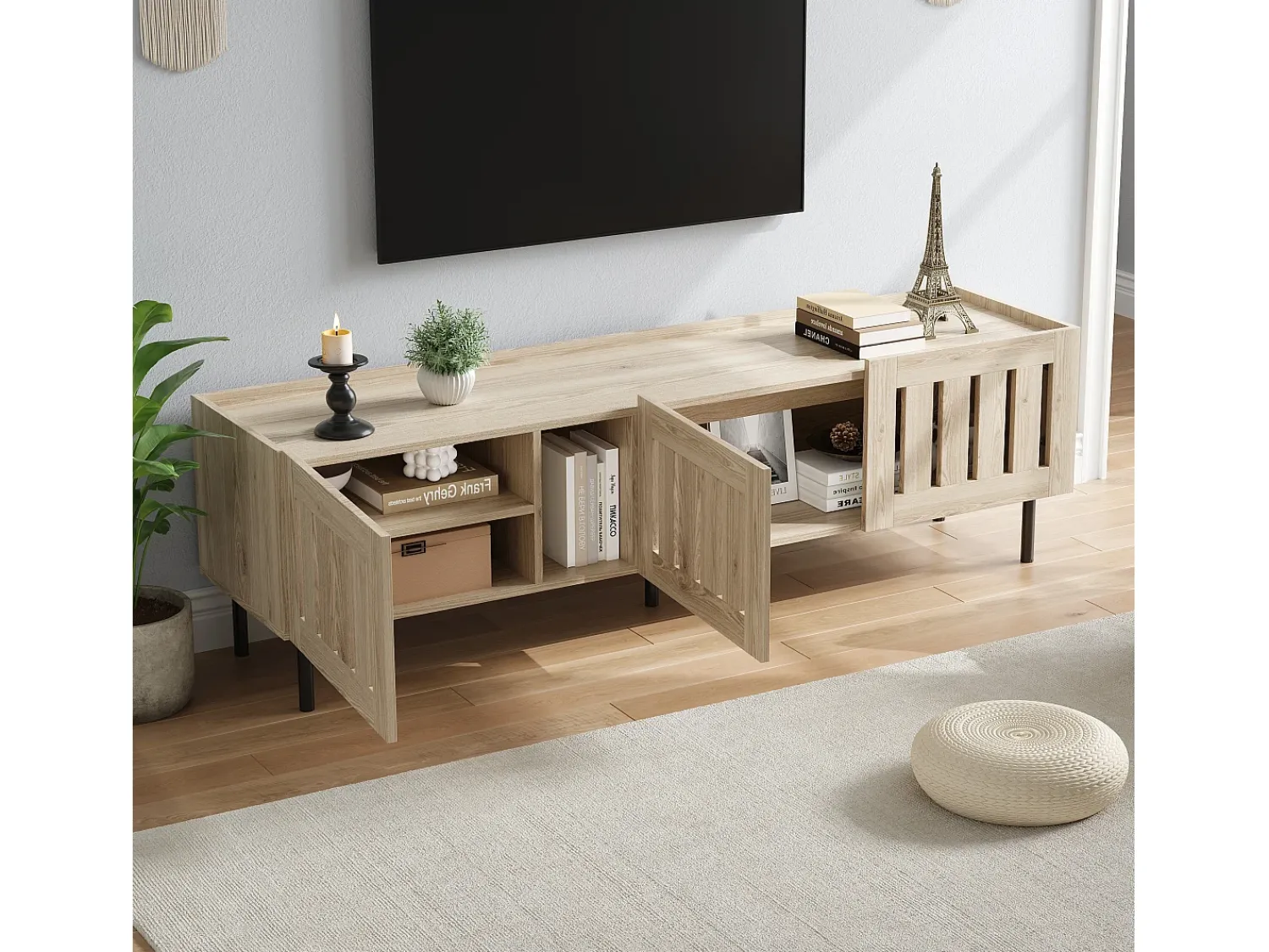 Merax Móvel de TV minimalista e baixo - 160 x 40 x 47 cm - com design vazado + 3 portas - para TVs de 65 polegadas - MDF - cor natural^ Móvel De Tv