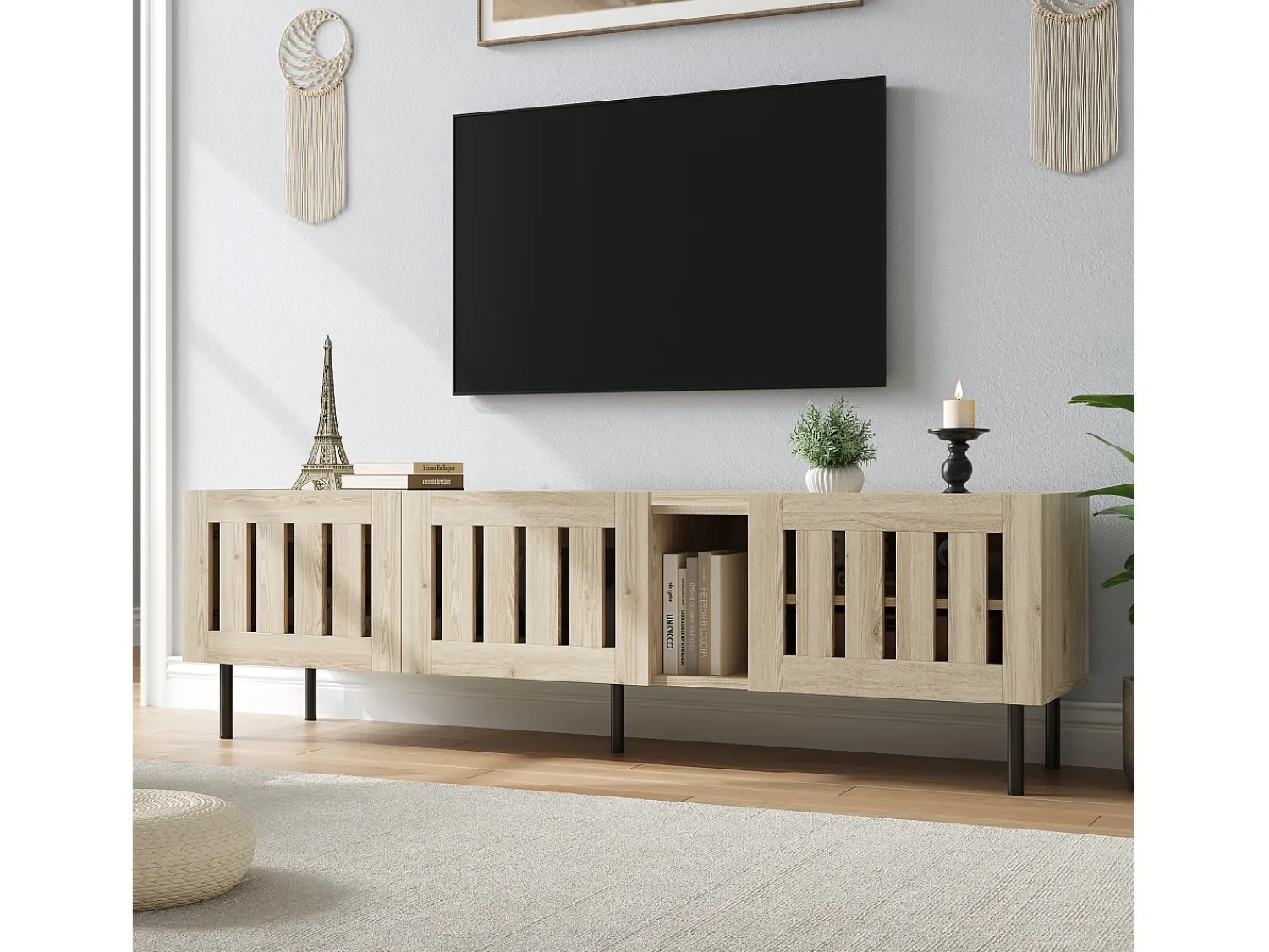 Merax Móvel de TV minimalista e baixo - 160 x 40 x 47 cm - com design vazado + 3 portas - para TVs de 65 polegadas - MDF - cor natural^ Móvel De Tv