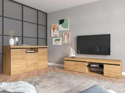 Skraut Home Móvel de TV modelo NATURALE cor Carvalho e Preto, 160x40x41cm^ Móvel De Tv