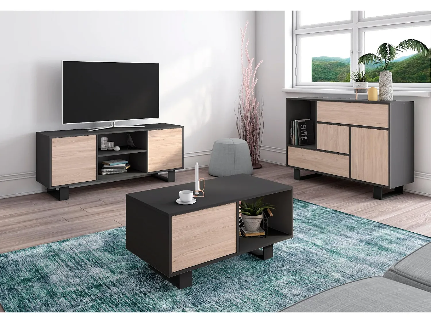 Móvel De Tv*Skraut Home Móvel de TV modelo WIND, cor Cinza Antracite e carvalho, 137x40x57cm Natural claro