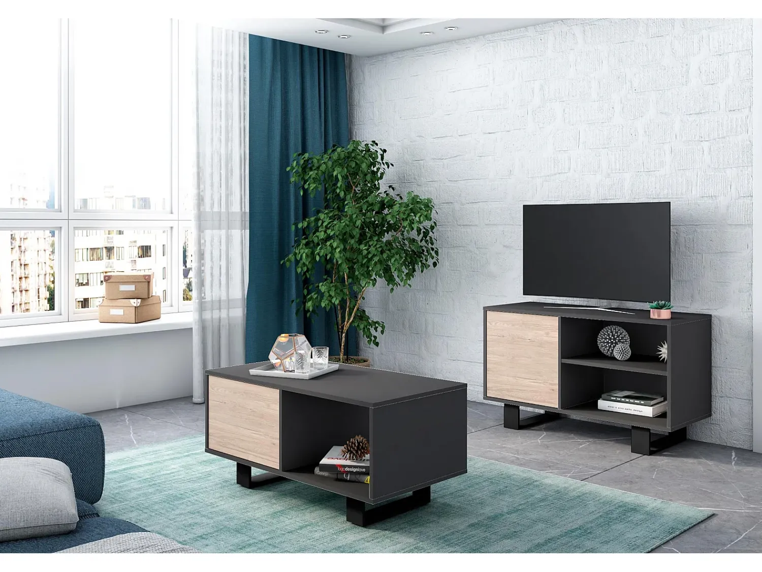 Móvel De Tv|Skraut Home Móvel de TV modelo WIND, cor Cinza Antracite e Carvalho, 95x40x57cm Natural claro
