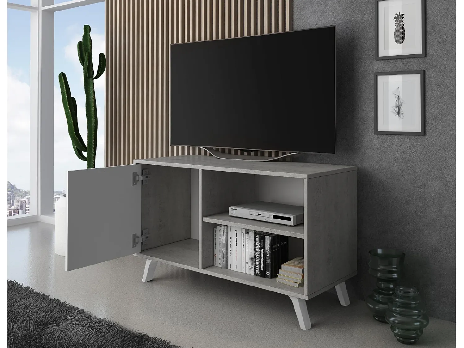 Clearance Skraut Home Móvel de TV modelo WIND, cor Cinzento Cemento e , 95x40x57cm Branco