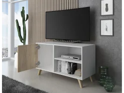 Skraut Home Móvel de TV modelo WIND, cor Branco e Carvalho, 137x40x57cm^ Móvel De Tv
