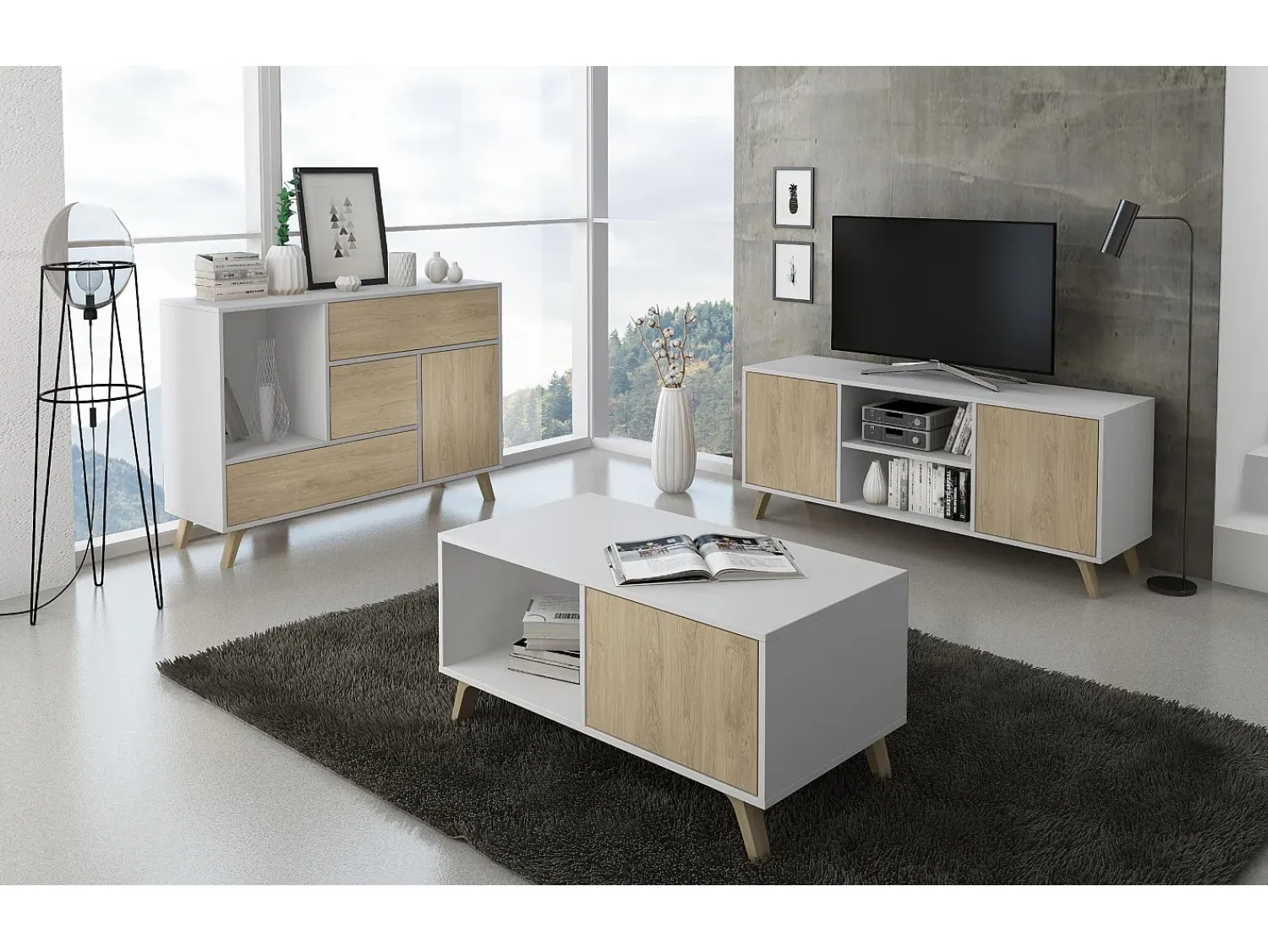 Skraut Home Móvel de TV modelo WIND, cor Branco e Carvalho, 137x40x57cm^ Móvel De Tv