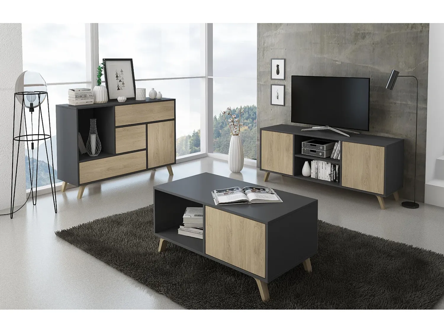 Móvel De Tv*Skraut Home Móvel de TV modelo WIND, cor Cinza Antracite e carvalho, 137x40x57cm Cinzento / Bege