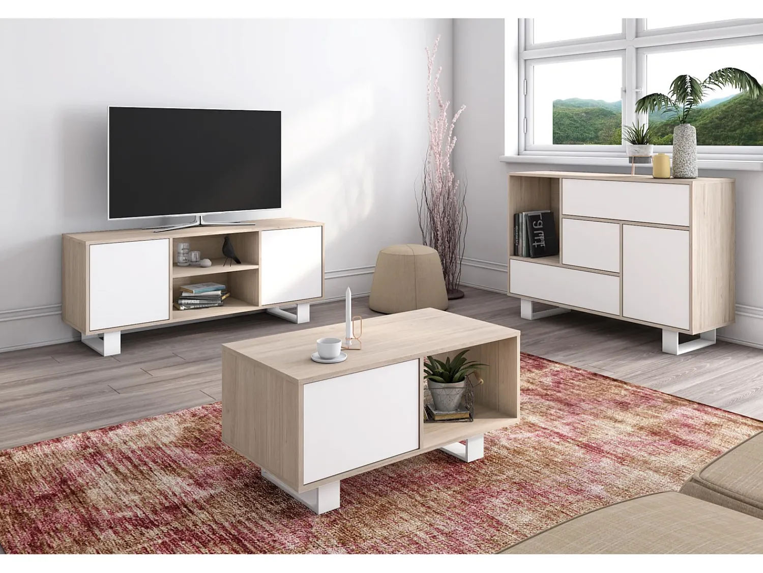 Móvel De Tv*Skraut Home Móvel de TV modelo WIND, cor Carvalho e Branco, 95x40x57cm Natural claro