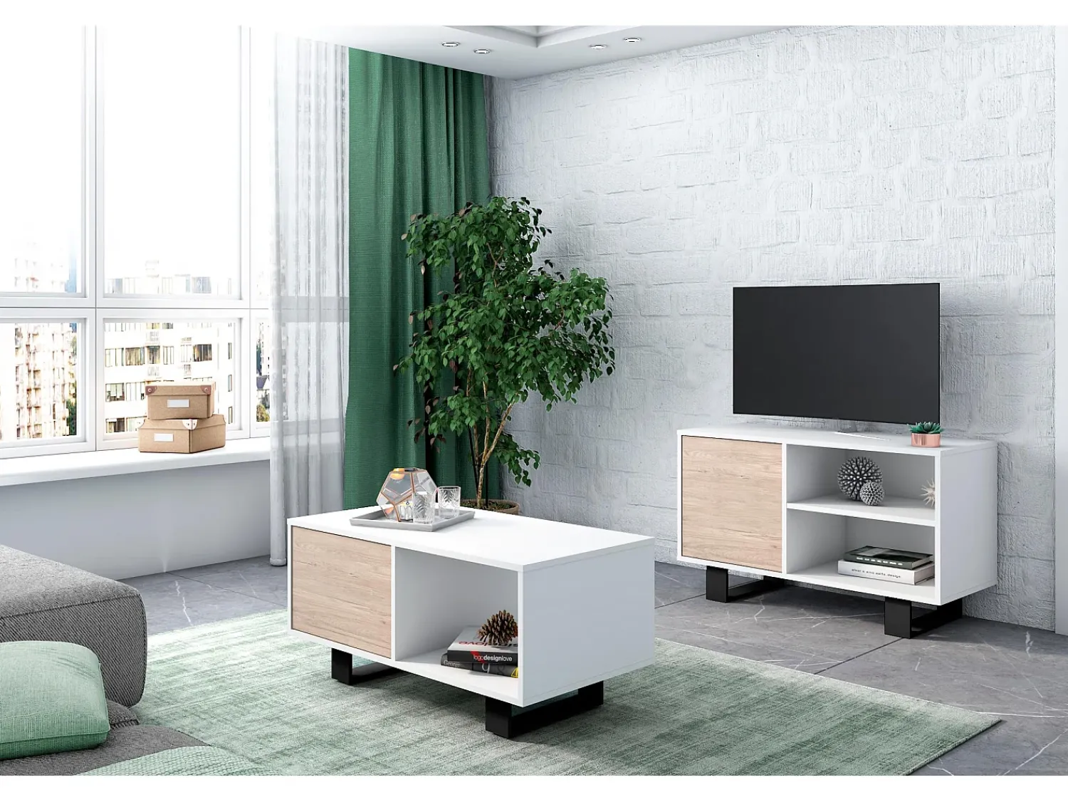 Móvel De Tv|Skraut Home Móvel de TV modelo WIND, cor Branco e Carvalho, 95x40x57cm Natural claro