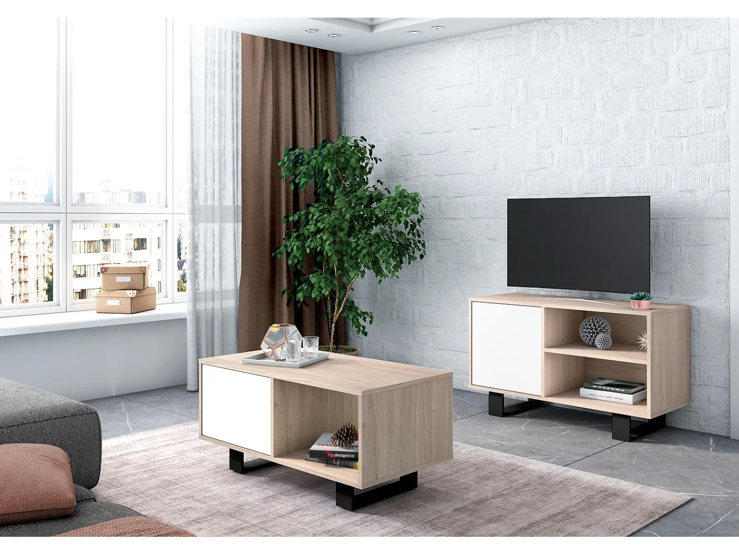Móvel De Tv|Skraut Home Móvel de TV modelo WIND, cor Carvalho e Branco, 95x40x57cm Natural claro