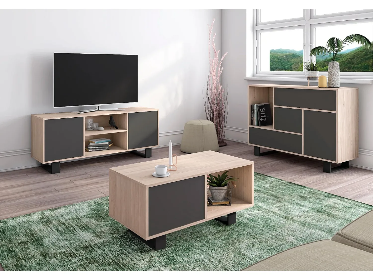 Móvel De Tv*Skraut Home Móvel de TV modelo WIND, cor Carvalho e , 137x40x57cm Cinza antracite