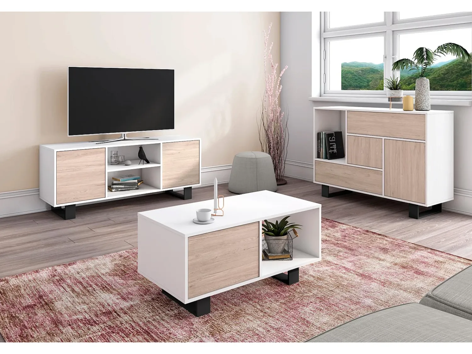 Móvel De Tv|Skraut Home Móvel de TV modelo WIND, cor Branco e Carvalho, 137x40x57cm Natural claro