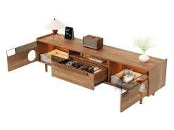 Outlet Merax Móvel de TV moderno - 180 x 40 x 50 cm - com LEDs + área de descanso para gatos + 2 portas + 1 gaveta - MDF - natural Natural claro