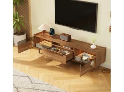 Outlet Merax Móvel de TV moderno - 180 x 40 x 50 cm - com LEDs + área de descanso para gatos + 2 portas + 1 gaveta - MDF - natural Natural claro
