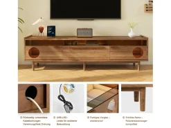 Outlet Merax Móvel de TV moderno - 180 x 40 x 50 cm - com LEDs + área de descanso para gatos + 2 portas + 1 gaveta - MDF - natural Natural claro