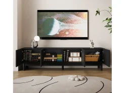 Móvel De Tv|Merax Móvel de TV moderno - 169 x 35 x 45,5 cm - com 4 portas curvas em forma de onda - MDF + aglomerado - Preto