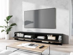 Móvel De Tv* Móvel de TV moderno 180 cm – corpo mate, frentes MDF carvalho wotan em espinha, sem puxadores, de chão ou suspenso Preto