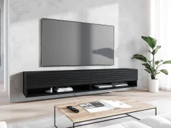 Móvel De Tv| Móvel de TV moderno 180 cm – corpo mate, frentes MDF onduladas, sem puxadores, de chão ou suspenso, cor grafite mate Preto