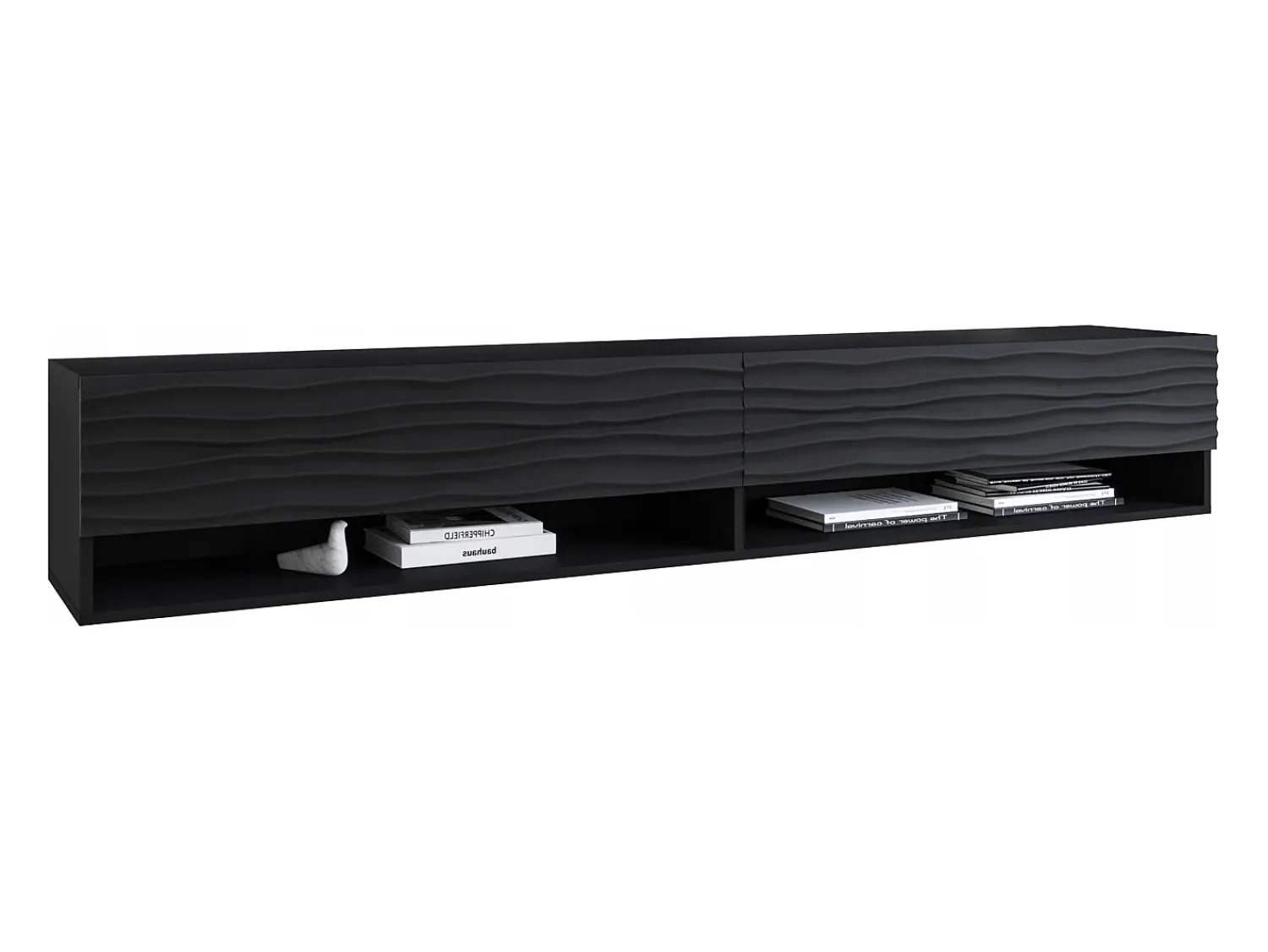 Móvel De Tv| Móvel de TV moderno 180 cm – corpo mate, frentes MDF onduladas, sem puxadores, de chão ou suspenso, cor grafite mate Preto