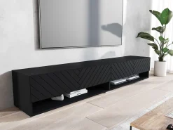 Móvel De Tv* Móvel de TV moderno 180 cm – corpo mate, frentes MDF em espinha, sem puxadores, de chão ou suspenso, cor grafite mate Preto