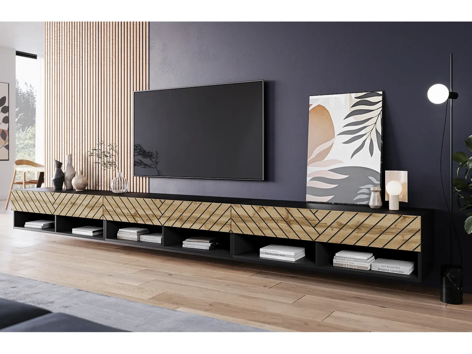 Móvel De Tv| Móvel de TV moderno 300 cm – corpo mate, frentes carvalho Wotan MDF espinha de peixe, de chão ou suspenso Preto