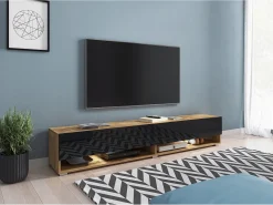 Hot Móvel de TV moderno 180 cm – sem puxadores, corpo carvalho Wotan, frentes preto brilho, de chão ou suspenso Castanho