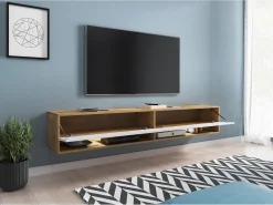 Sale Móvel de TV moderno 180 cm – sem puxadores, corpo carvalho Wotan, frentes branco brilho, de chão ou suspenso Castanho