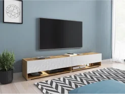 Sale Móvel de TV moderno 180 cm – sem puxadores, corpo carvalho Wotan, frentes branco brilho, de chão ou suspenso Castanho