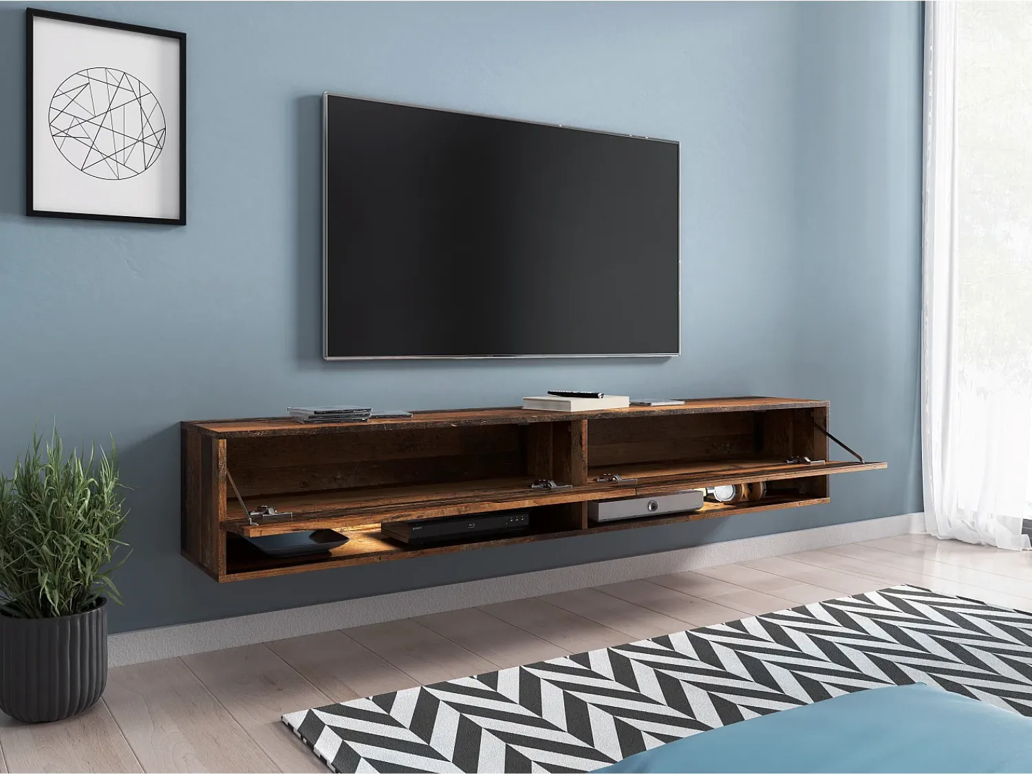 Móvel De Tv| Móvel de TV moderno 180 cm – sem puxadores, cor Old Style, mate, de chão ou suspenso Castanho