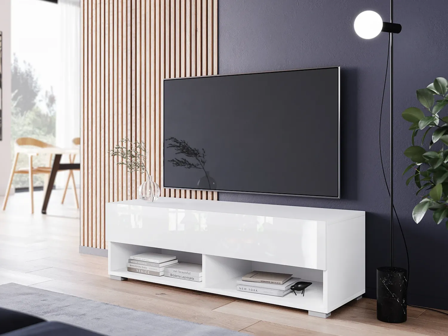 Móvel De Tv| Móvel de TV moderno 100 cm – sem puxadores, corpo mate, frentes brilho, de chão ou suspenso Branco