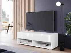 Móvel De Tv| Móvel de TV moderno 100 cm – sem puxadores, corpo mate, frentes brilho, de chão ou suspenso Branco