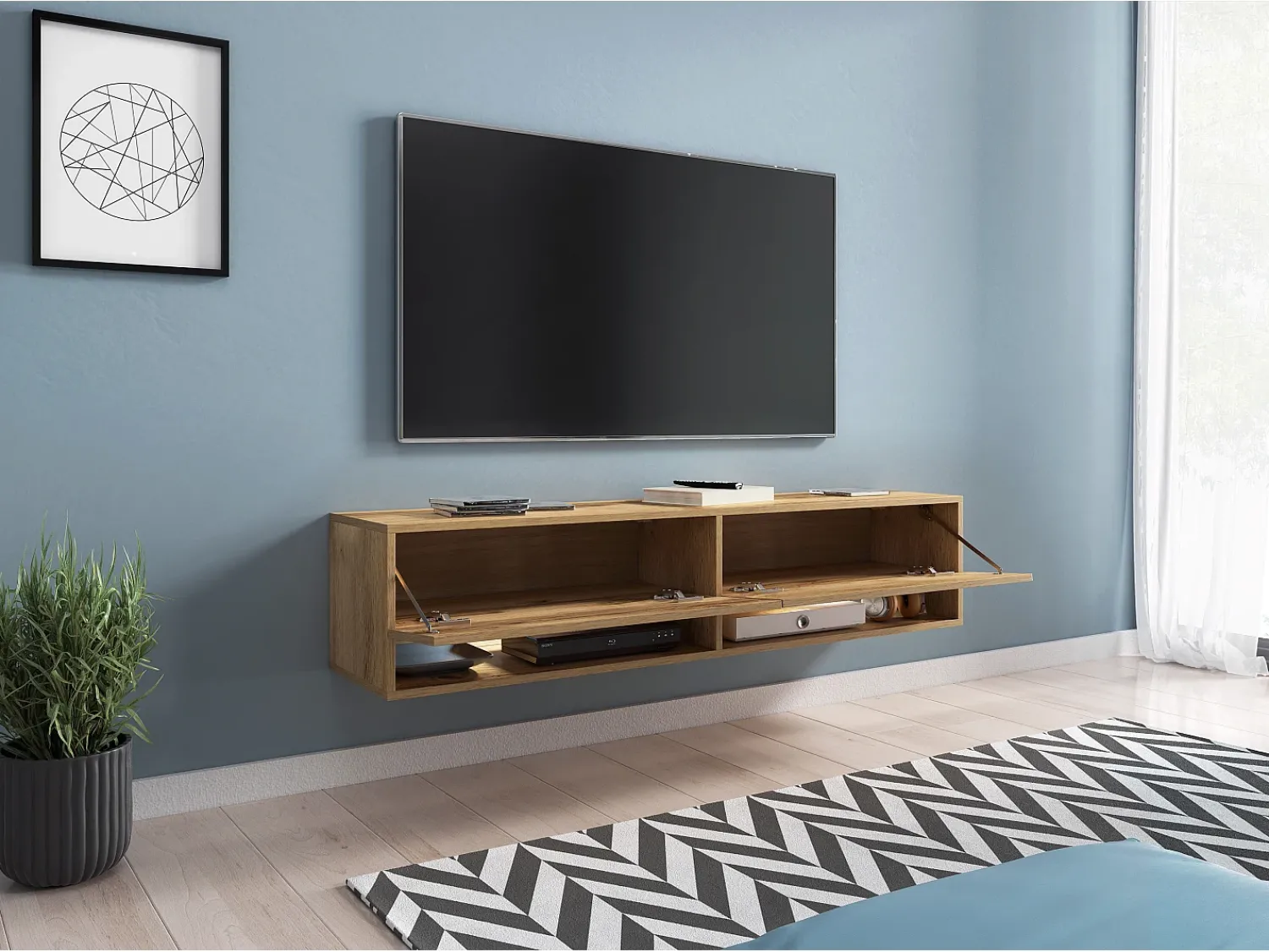 Móvel De Tv* Móvel de TV moderno 140 cm – sem puxadores, de chão ou suspenso, 1 porta basculante, 2 nichos, cor carvalho wotan mate Castanho