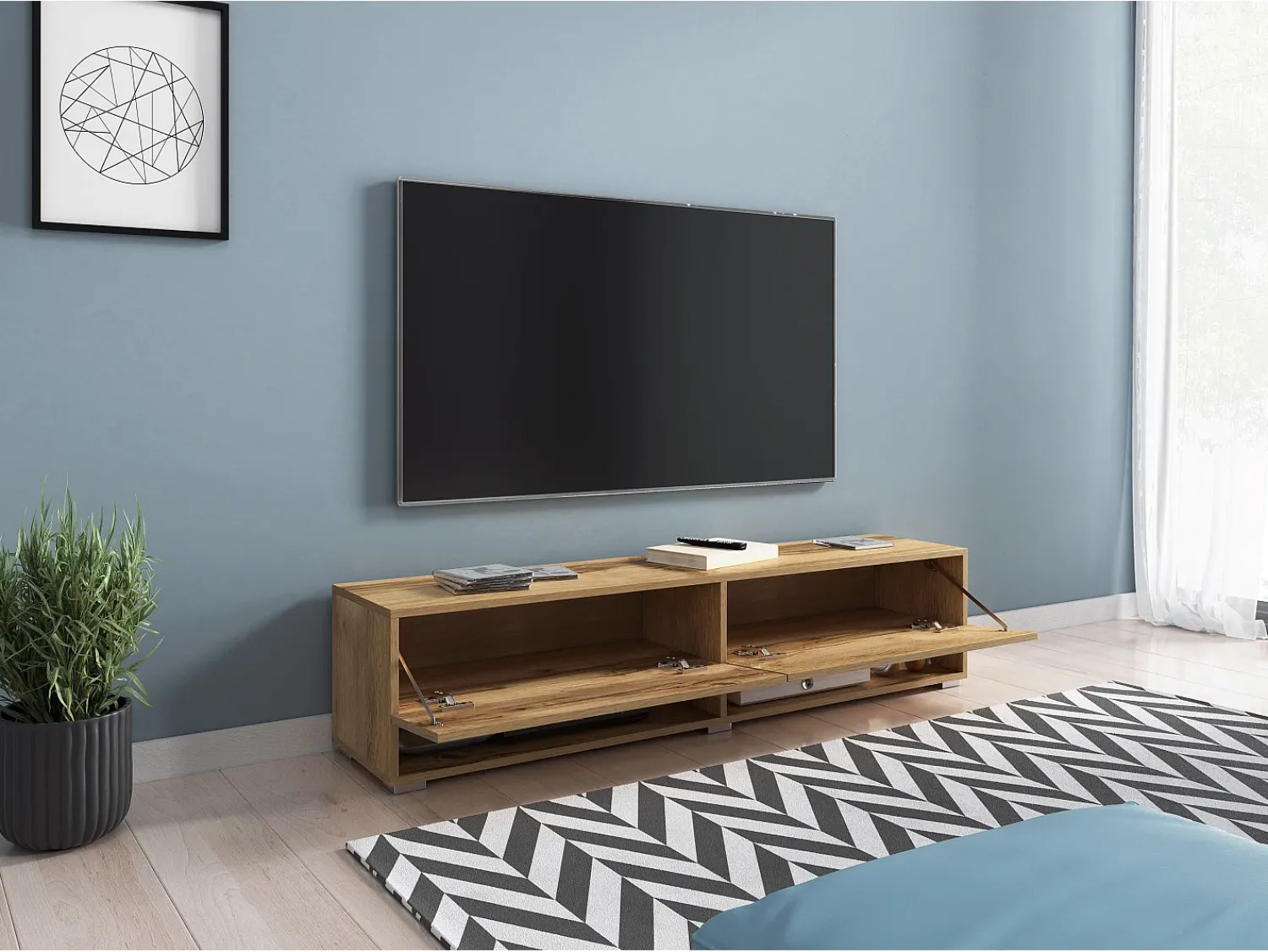 Móvel De Tv* Móvel de TV moderno 140 cm – sem puxadores, de chão ou suspenso, 1 porta basculante, 2 nichos, cor carvalho wotan mate Castanho