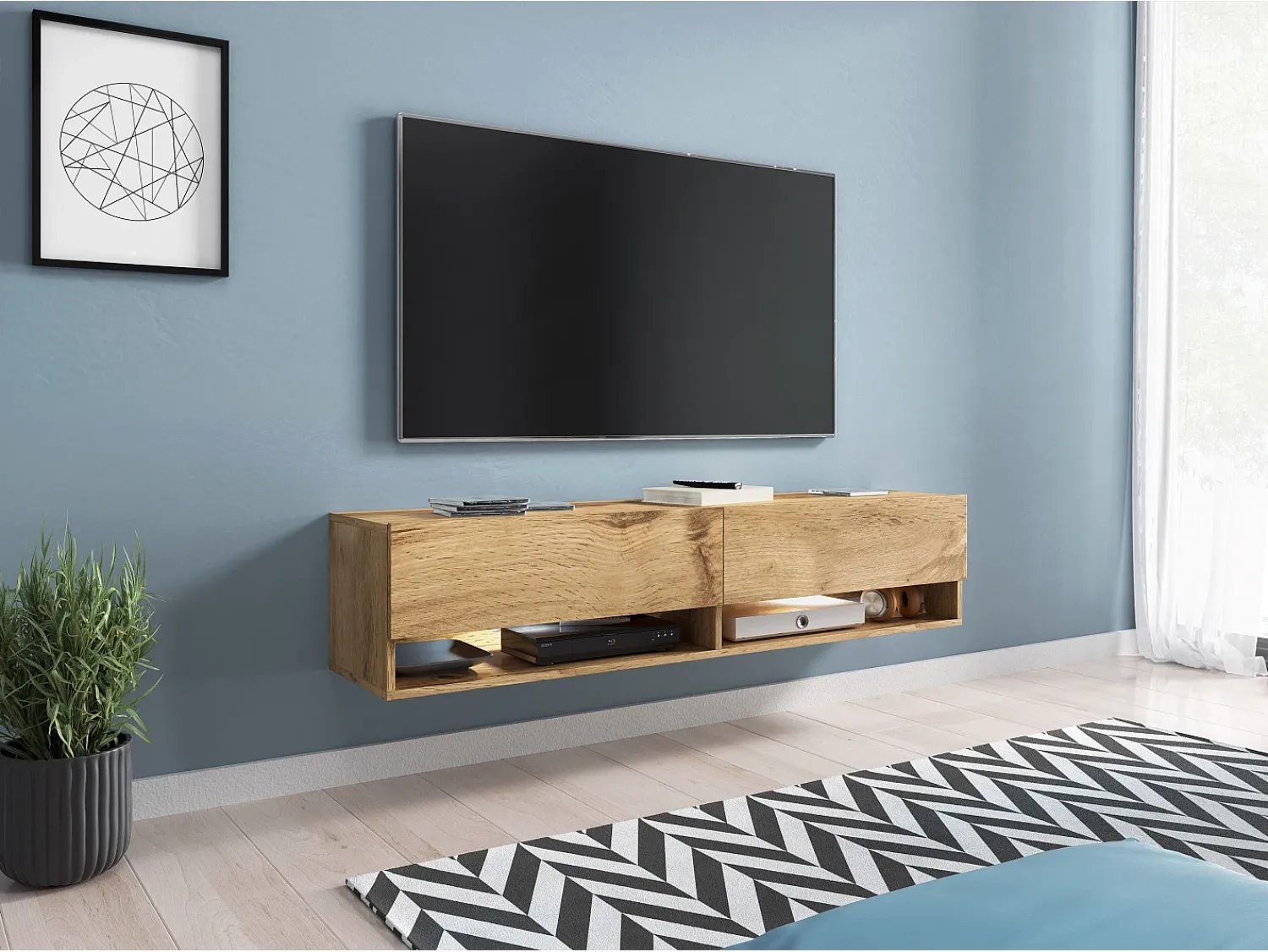 Móvel De Tv* Móvel de TV moderno 140 cm – sem puxadores, de chão ou suspenso, 1 porta basculante, 2 nichos, cor carvalho wotan mate Castanho