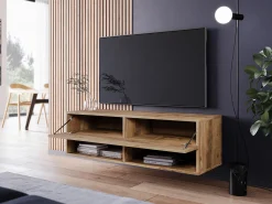 Móvel De Tv* Móvel de TV moderno 100 cm – sem puxadores, de chão ou suspenso, 1 porta basculante, 2 nichos, cor castanheiro mate Castanho