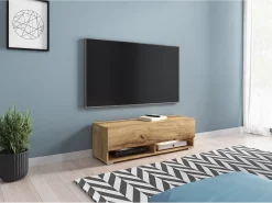 Móvel de TV moderno 100 cm – sem puxadores, de chão ou suspenso, 1 porta basculante, 2 nichos, cor carvalho wotan mate^ Móvel De Tv