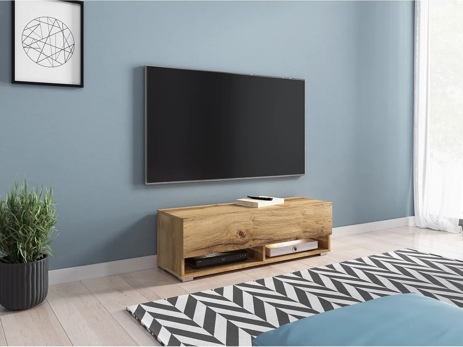 Móvel de TV moderno 100 cm – sem puxadores, de chão ou suspenso, 1 porta basculante, 2 nichos, cor carvalho wotan mate^ Móvel De Tv