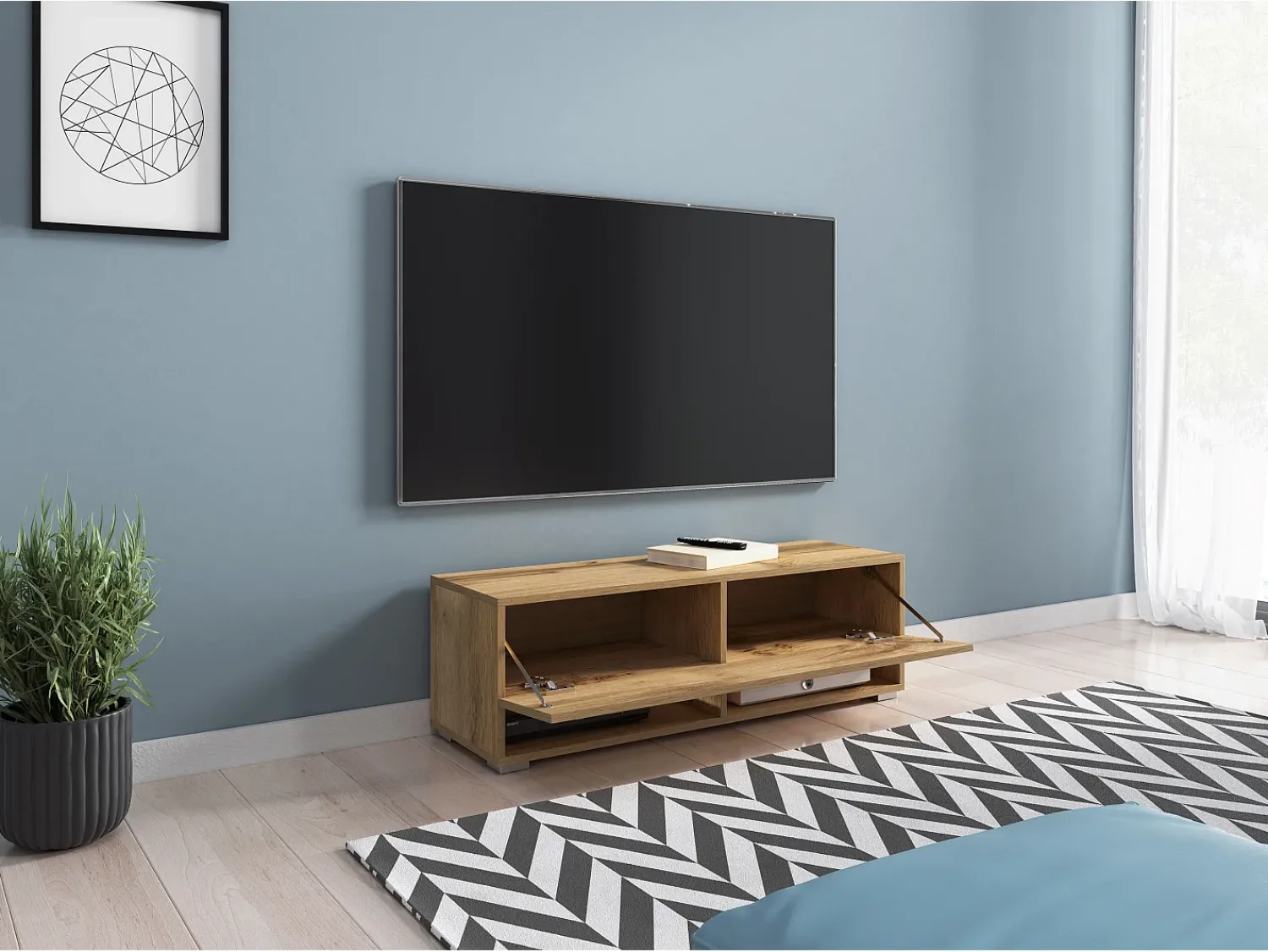 Móvel de TV moderno 100 cm – sem puxadores, de chão ou suspenso, 1 porta basculante, 2 nichos, cor carvalho wotan mate^ Móvel De Tv
