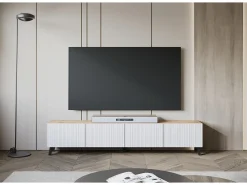 Móvel de TV moderno 190 cm artisan com pés para sala de estar, frentes em MDF brancas com ranhuras, 4 portas basculantes^ Móvel De Tv