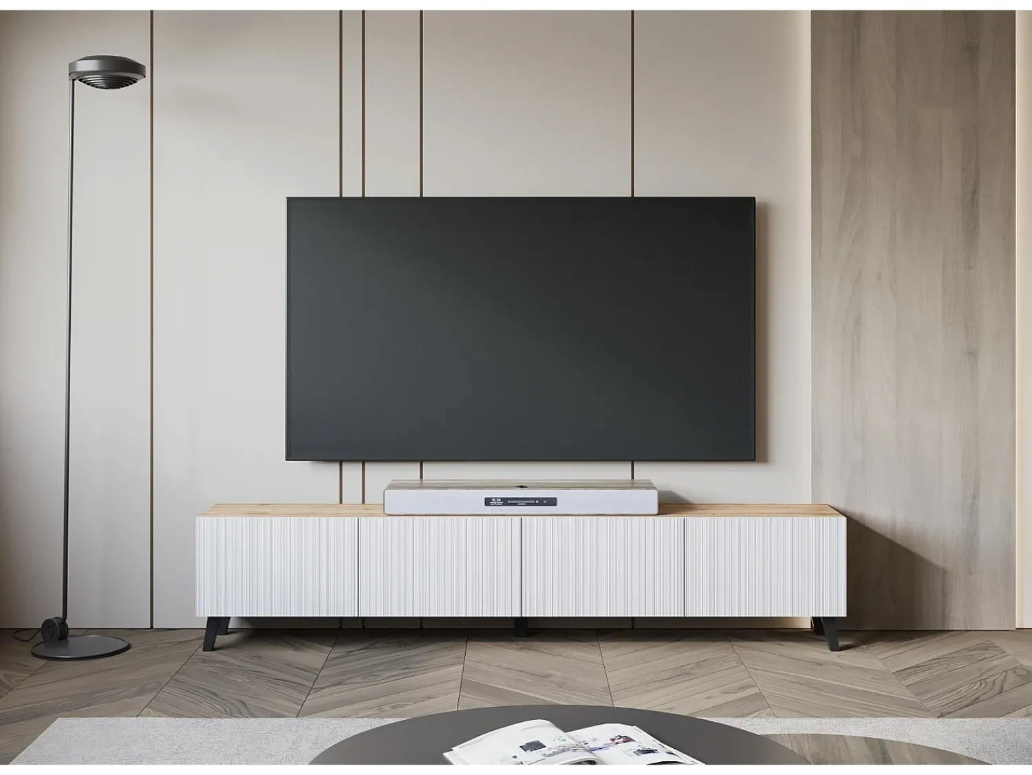 Móvel de TV moderno 190 cm artisan com pés para sala de estar, frentes em MDF brancas com ranhuras, 4 portas basculantes^ Móvel De Tv