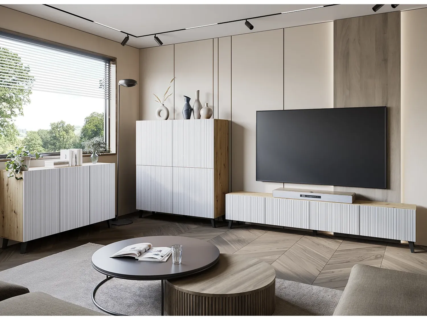Móvel de TV moderno 190 cm artisan com pés para sala de estar, frentes em MDF brancas com ranhuras, 4 portas basculantes^ Móvel De Tv
