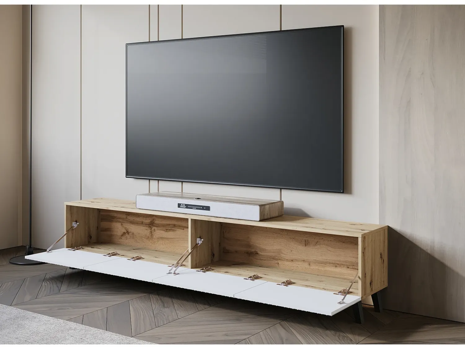 Móvel de TV moderno 190 cm artisan com pés para sala de estar, frentes em MDF brancas com ranhuras, 4 portas basculantes^ Móvel De Tv