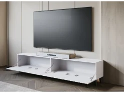 Móvel De Tv| Móvel de TV moderno 190 cm com pés para sala de estar, frentes em MDF fresadas com ranhuras largas Branco