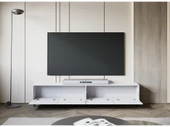 Móvel De Tv| Móvel de TV moderno 190 cm com pés para sala de estar, frentes em MDF fresadas com ranhuras largas Branco