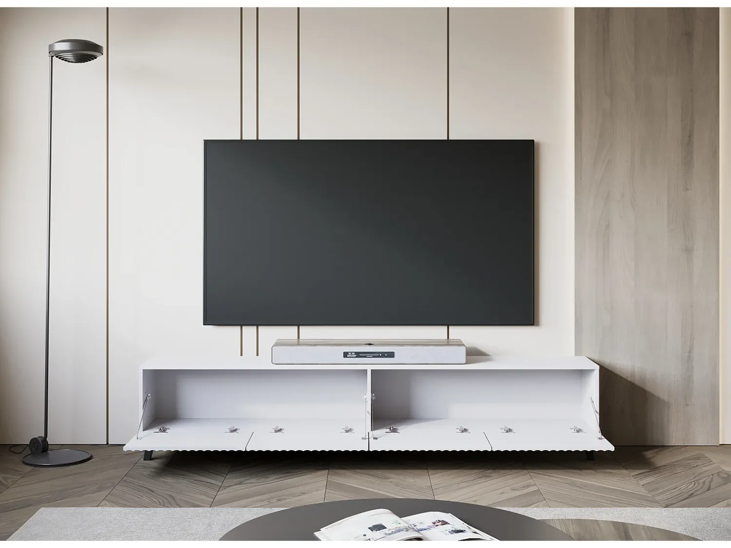 Móvel De Tv| Móvel de TV moderno 190 cm com pés para sala de estar, frentes em MDF fresadas com ranhuras largas Branco