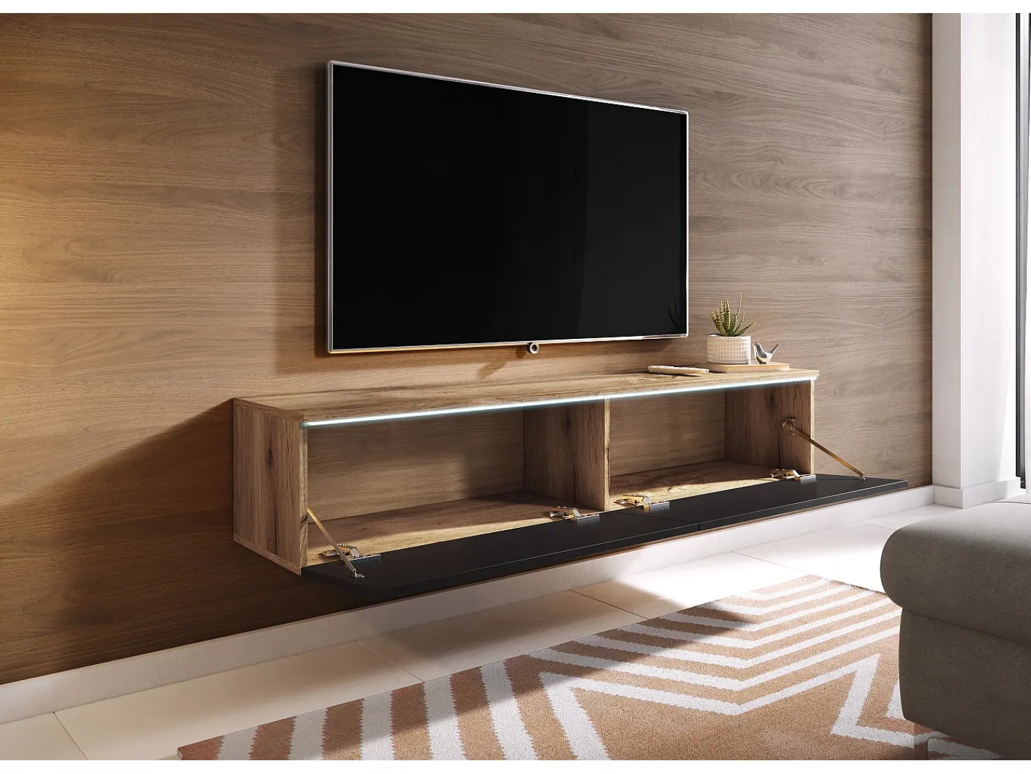 Móvel De Tv| Móvel de TV moderno 140 cm com LED 2 portas, sem puxadores, corpo carvalho wotan, frentes preto brilho, de chão ou suspenso Castanho