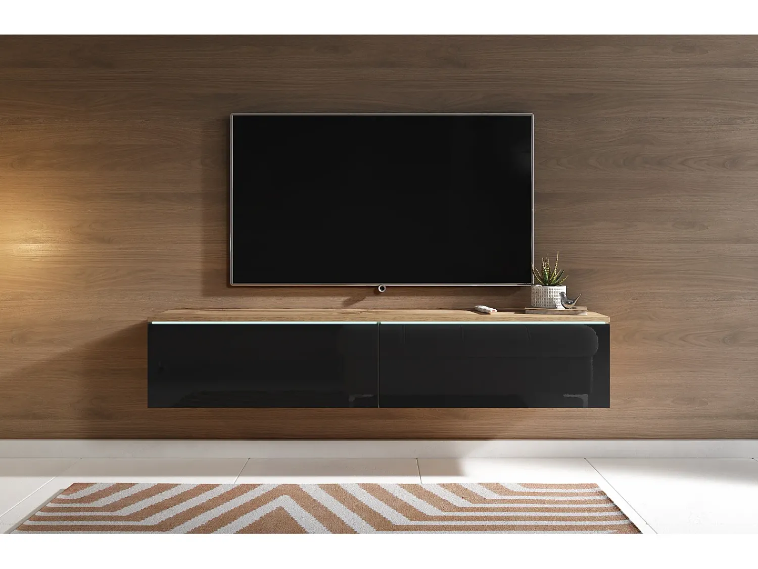 Móvel De Tv| Móvel de TV moderno 140 cm com LED 2 portas, sem puxadores, corpo carvalho wotan, frentes preto brilho, de chão ou suspenso Castanho
