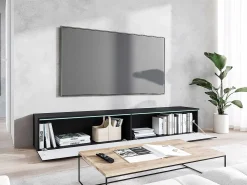 Best Móvel de TV moderno 180 cm com LED para sala – 2 portas, sem puxadores, fosco, de chão ou suspenso, frentes MDF ondulado Preto