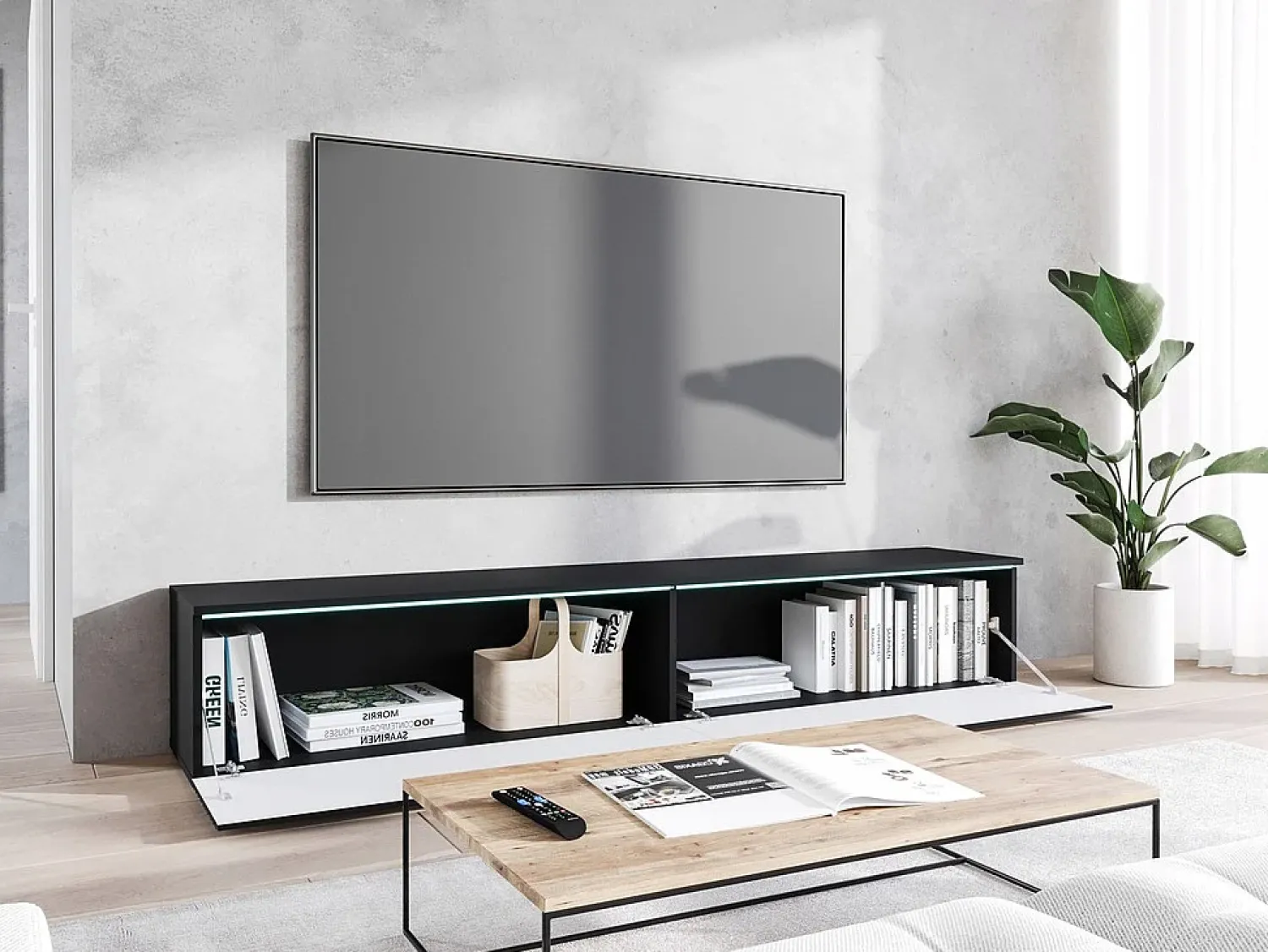 Best Móvel de TV moderno 180 cm com LED para sala – 2 portas, sem puxadores, fosco, de chão ou suspenso, frentes MDF ondulado Preto